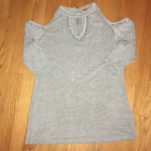 Belldina Gray Open Shoulder Bedazzled Top - Picture 1 of 4